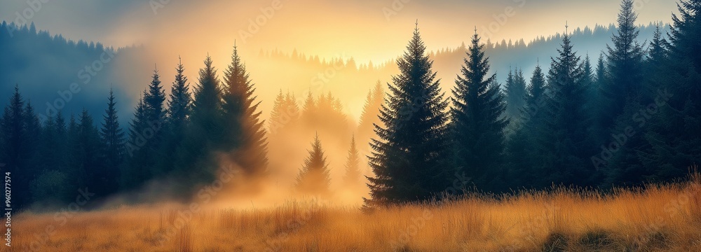 Evergreen trees and gentle pastel sky are accompanied with a misty mountain panorama taken at morning. Calm and natural beauty emanate from the serene setting. Evergreen trees and gentle pastel sky are accompanied with a misty mountain panorama taken at morning. Calm and natural beauty emanate from the serene setting.