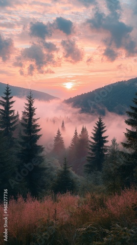 Evergreen trees and gentle pastel sky are accompanied with a misty mountain panorama taken at morning. Calm and natural beauty emanate from the serene setting.