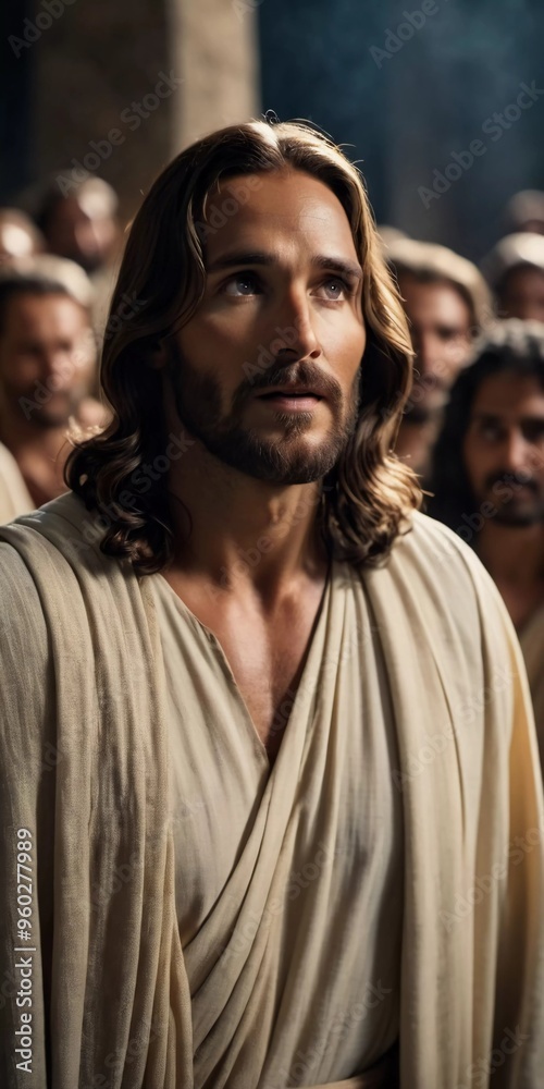 Naklejka premium Jesus Christ stands amidst a diverse assembly, conveying a message of hope and faith, surrounded by attentive followers. Religion Christianity. Faith, hope, love and wisdom. Generative AI