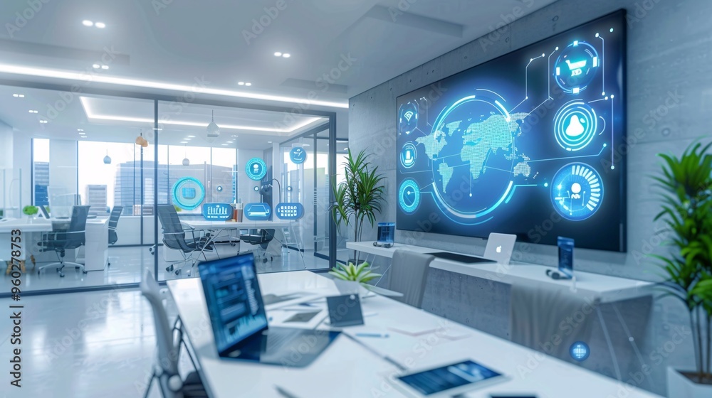 Modern Office Interior with Futuristic Screen Displaying Global Network and Data Analytics Modern Office Interior with Futuristic Screen Displaying Global Network and Data Analytics