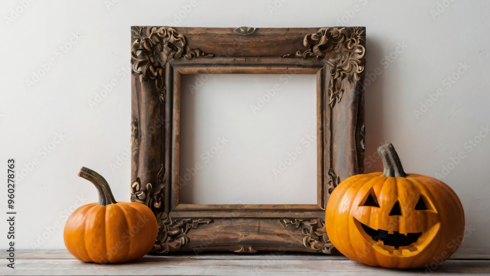 Obraz premium An ornate empty frame surrounded by Thanksgiving-themed decorations like pumpkins and autumn leaves.