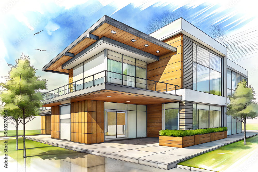 Fototapeta premium modern building with a balcony architectural sketch