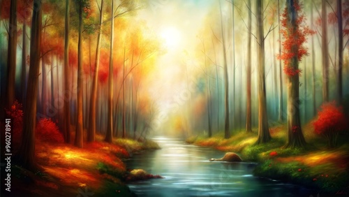 Dreamy autumn forest with colorful leaves and a gentle stream, soft light and peaceful ambiance