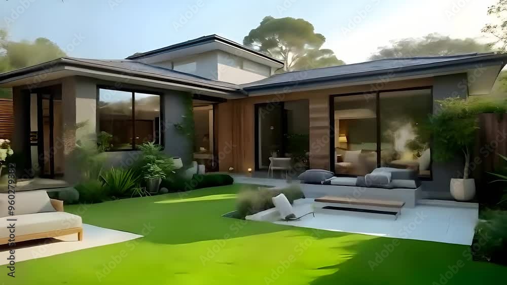 Modern House with Backyard Patio and Green Grass Lawn Modern House with Backyard Patio and Green Grass Lawn