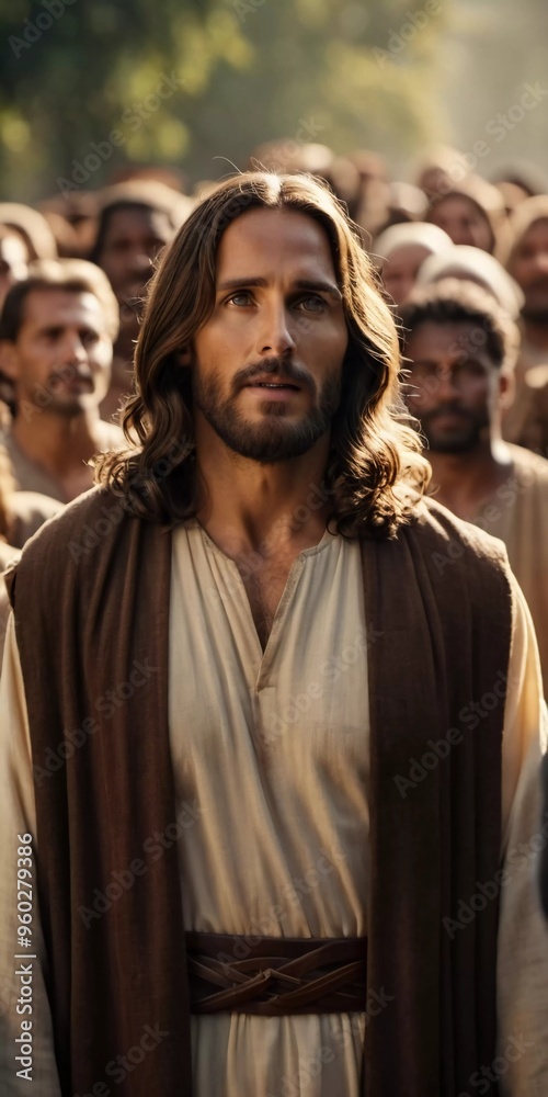 Naklejka premium Jesus Christ stands amidst a diverse assembly, conveying a message of hope and faith, surrounded by attentive followers. Religion Christianity. Faith, hope, love and wisdom. Generative AI