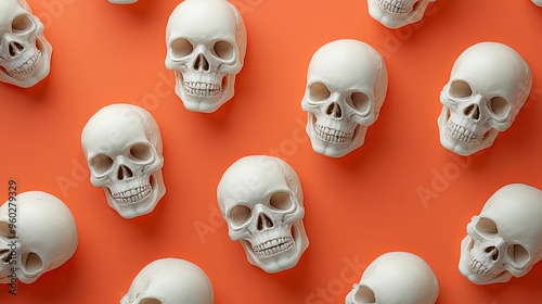 A collection of white skulls placed randomly on a peach background, presenting an eerie yet visually appealing artwork suitable for Halloween and creepy decoration themes. photo