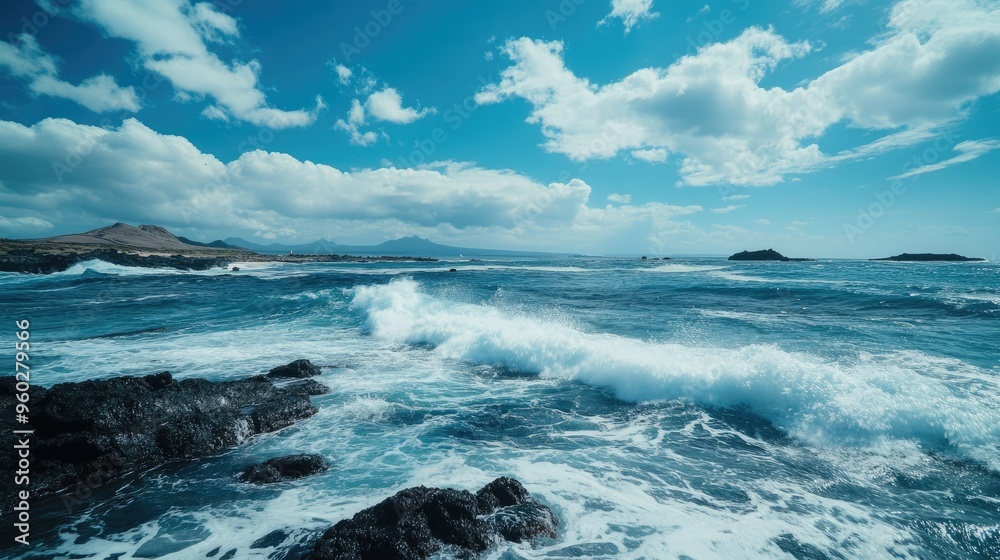 The rocky coast of the Galapagos Islands, with waves crashing against the shore under a blue sky. The rocky coast of the Galapagos Islands, with waves crashing against the shore under a blue sky.
