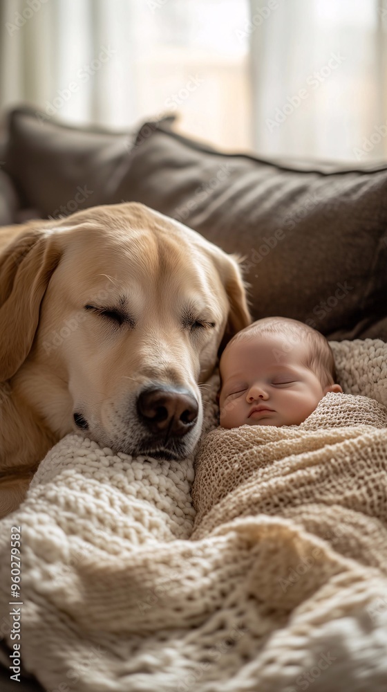 Obraz premium Golden retriever and baby resting peacefully together on sofa in cozy home environment