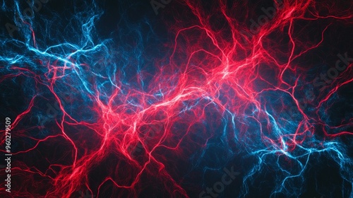 A vibrant abstract depiction of electric energy, showcasing intertwining red and blue lightning-like patterns against a dark background.