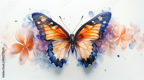 Artistic fusion of butterfly and flower petals, clear powder highlights, watercolor blend