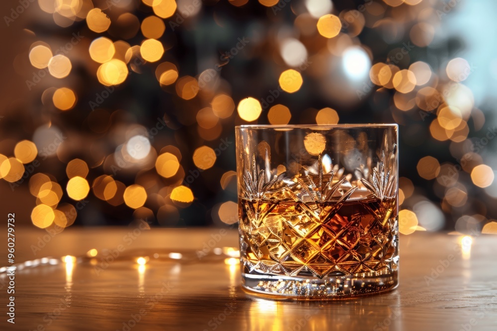 A crystal glass of whiskey with ice cubes, surrounded by holiday decorations and soft, warm bokeh lights. A crystal glass of whiskey with ice cubes, surrounded by holiday decorations and soft, warm bokeh lights.