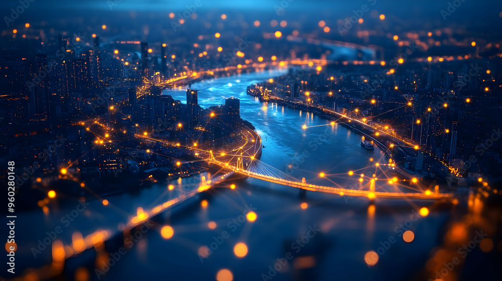Fototapeta premium Aerial view of a cityscape with illuminated river and bridges.