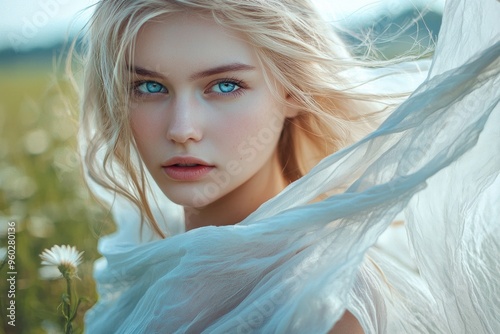 A Slavic blonde-haired girl with blue eyes in nature, wearing a transparent scarf flowing in the wind and white linen clothing, capturing the lightness and beauty of a young woman.