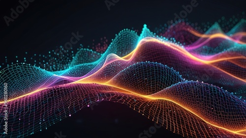 Abstract technology stream background. Digital dynamic wave of dots. Network connection structure. 3D rendering.