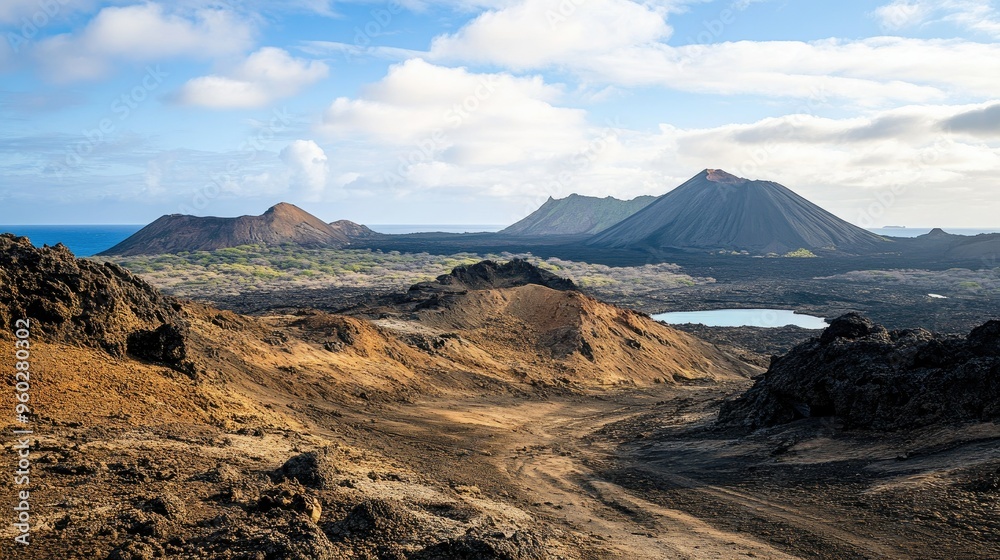 The rugged, volcanic landscape of the Galapagos Islands, with barren hills and rocky outcrops. The rugged, volcanic landscape of the Galapagos Islands, with barren hills and rocky outcrops.
