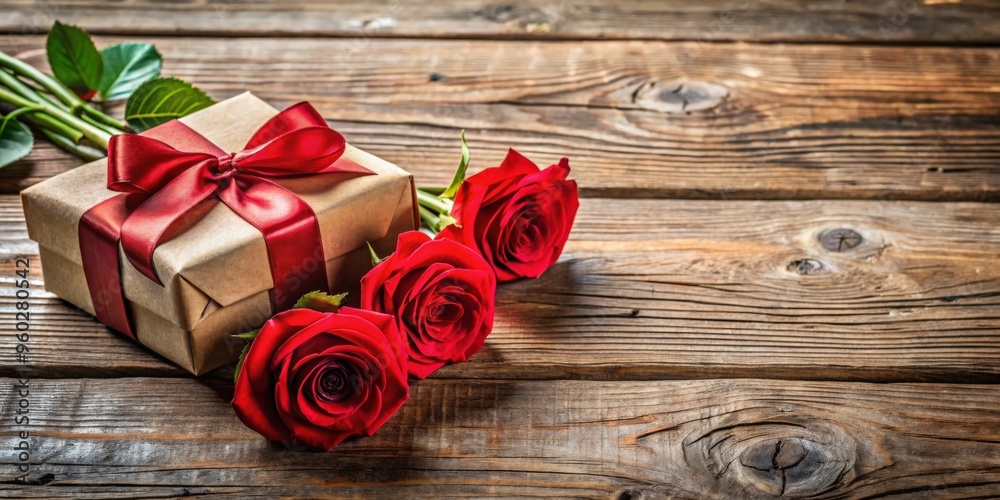 Valentine gift with roses on a rustic wooden background Valentine gift with roses on a rustic wooden background