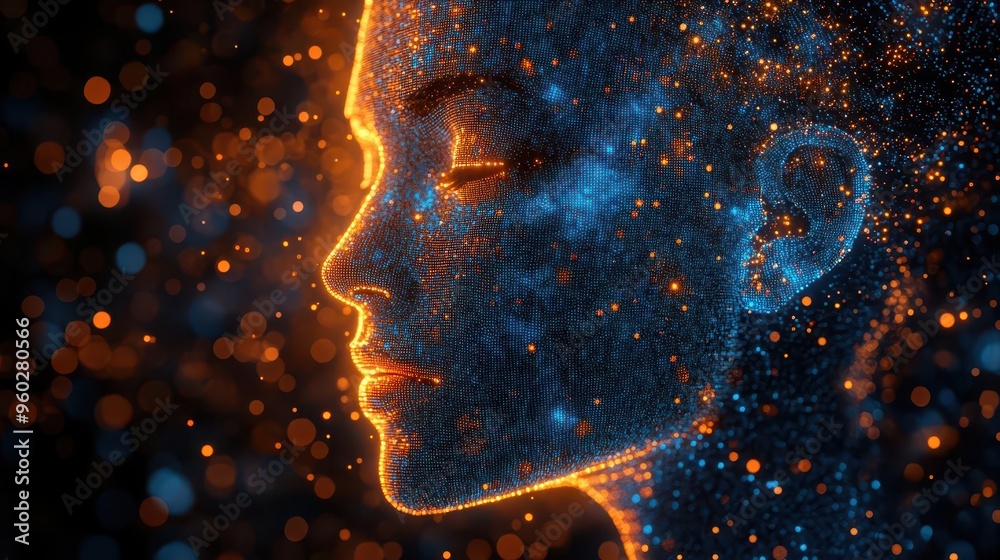 ai humanoid head pixelated blue and orange hexagons abstract digital portrait black background futuristic aesthetic ai humanoid head pixelated blue and orange hexagons abstract digital portrait black background futuristic aesthetic