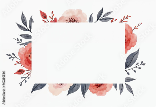 Isolated watercolor floral frame on white background with space for text