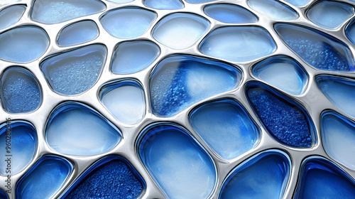 Abstract blue liquid shapes arranged in a textured pattern with silver outlines, created as an artistic representation of water