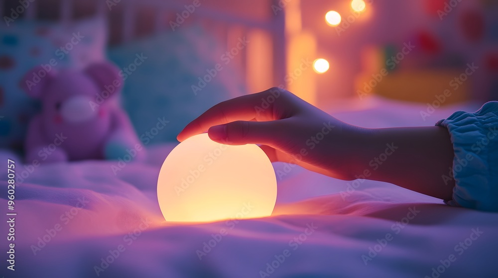 custom made wallpaper toronto digitalHand Holding a Children’s Night Light: A hand turning on a children’s night light, with soft, calming colors glowing in the background.
