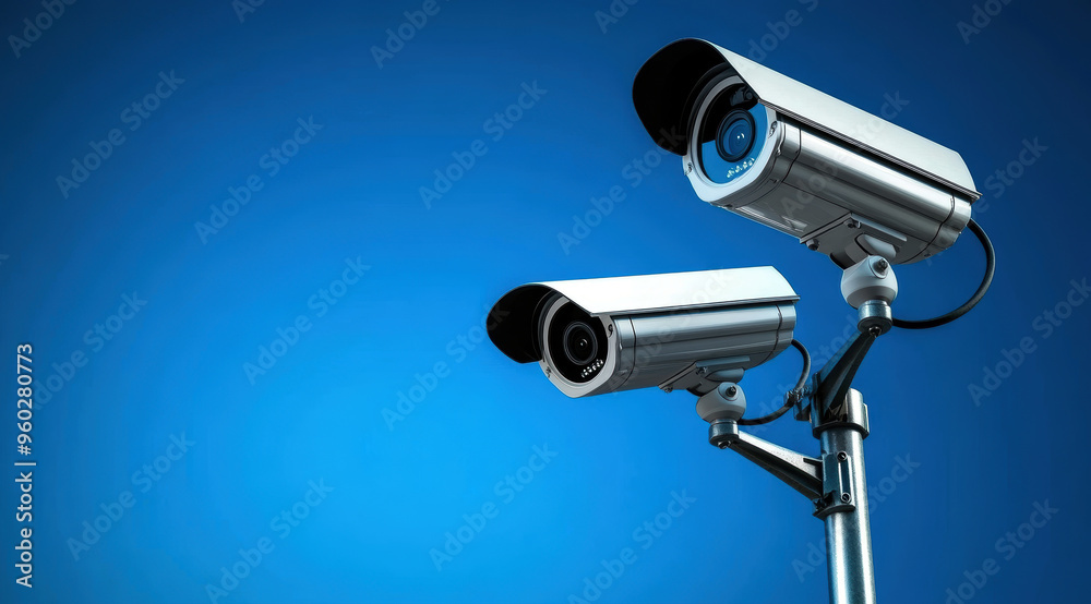 Two security cameras are mounted on a pole. The pole is in front of a blue sky Two security cameras are mounted on a pole. The pole is in front of a blue sky