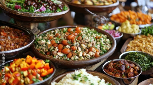 Natural food (various cuisines) Different food cooked on a wooden table Food backgrounds: table filled with large variety of food 