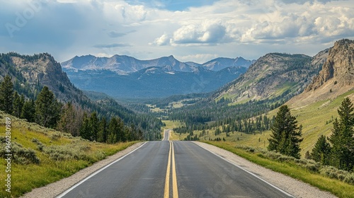 The scenic Beartooth Highway leading to Yellowstone with panoramic views of the surrounding wilderness.