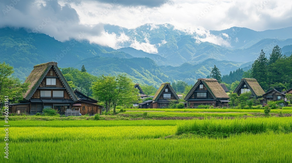 The scenic beauty of Shirakawa-go in summer, with lush green fields and the mountains in the distance. The scenic beauty of Shirakawa-go in summer, with lush green fields and the mountains in the distance.