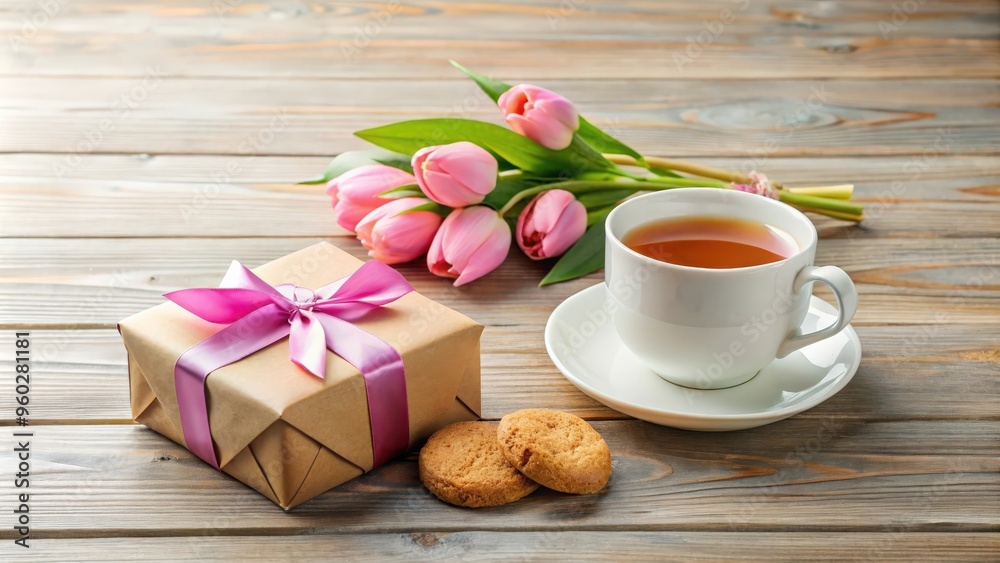 Mother's Day greetings with a cup of tea, present box, and cookies Mother's Day greetings with a cup of tea, present box, and cookies