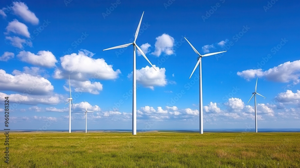 Wind turbines on a lush green field under a bright blue sky, promoting renewable energy and sustainable development. Wind turbines on a lush green field under a bright blue sky, promoting renewable energy and sustainable development.
