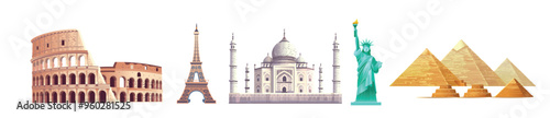 Famous buildings: eiffel tower, coliseum, taj mahal, Statue of Liberty, Egyptian Pyramids on a white background. Hand drawn cartoon vector Illustration.