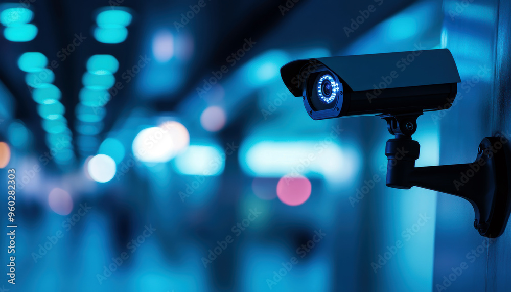 A camera is mounted on a wall in a dark room. The camera is blue and has a blue light on it A camera is mounted on a wall in a dark room. The camera is blue and has a blue light on it