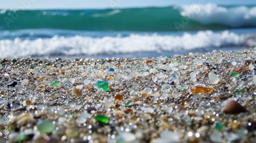 The sparkling sea glass on Glass Beach with the ocean waves in the background.