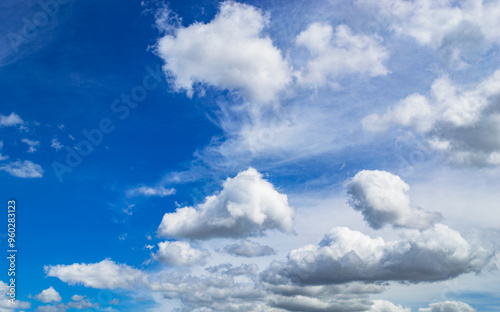 Magnificent cumulus clouds high in blue sky