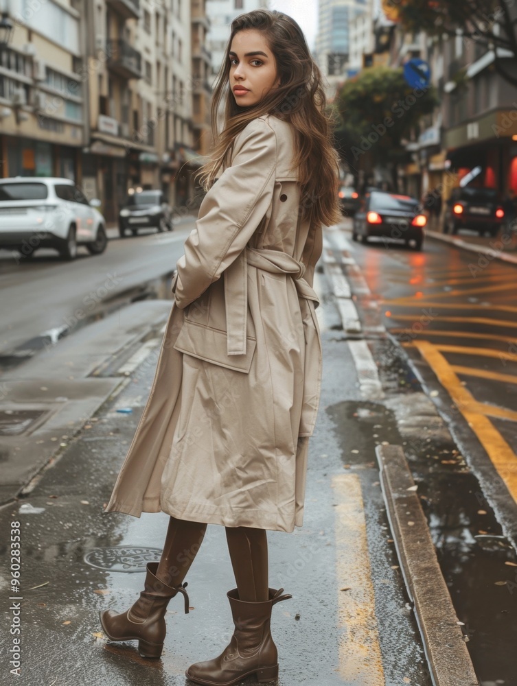 Fototapeta premium Stylish Young Woman Walking in a Busy Urban Street, Inviting Gesture