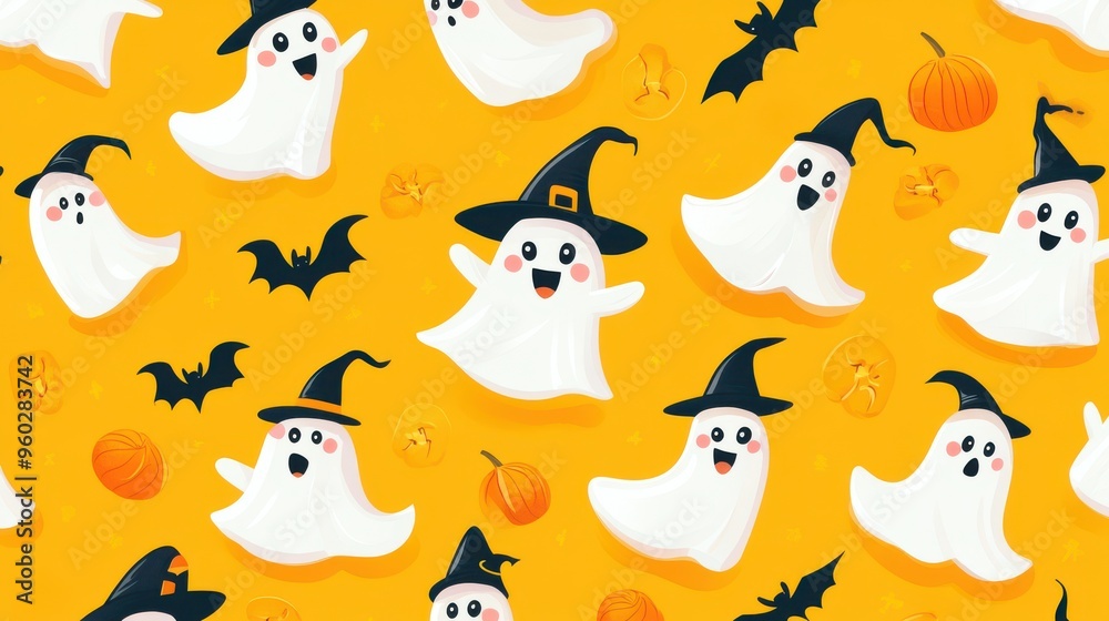 Halloween cute ghosts with witch hats and bats, a seamless pattern on a yellow background. Halloween cute ghosts with witch hats and bats, a seamless pattern on a yellow background.