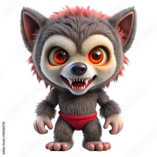 warewolf mascot cute, Red big eye , big fang ,chibi , full color body suite, 3d model , realistic , white background , look at 180 degree , Platinum  skin photo