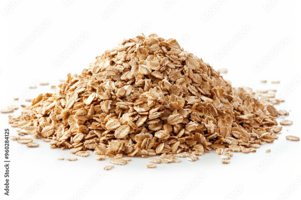 A pile of rolled oats on a plain white background, emphasizing their simplicity and health benefits as a whole grain food option. A pile of rolled oats on a plain white background, emphasizing their simplicity and health benefits as a whole grain food option.