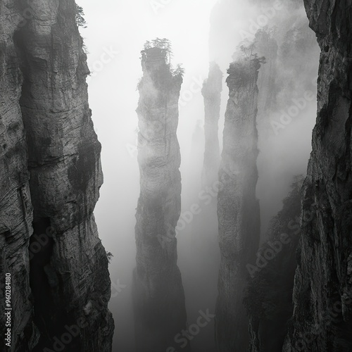 The towering sandstone pillars of Zhangjiajie shrouded in fog, creating a mystical and otherworldly atmosphere. photo