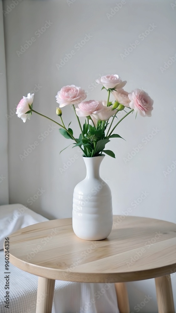 Pink Flowers in White Vase on Wooden Table, Soft and Elegant Decor Pink Flowers in White Vase on Wooden Table, Soft and Elegant Decor