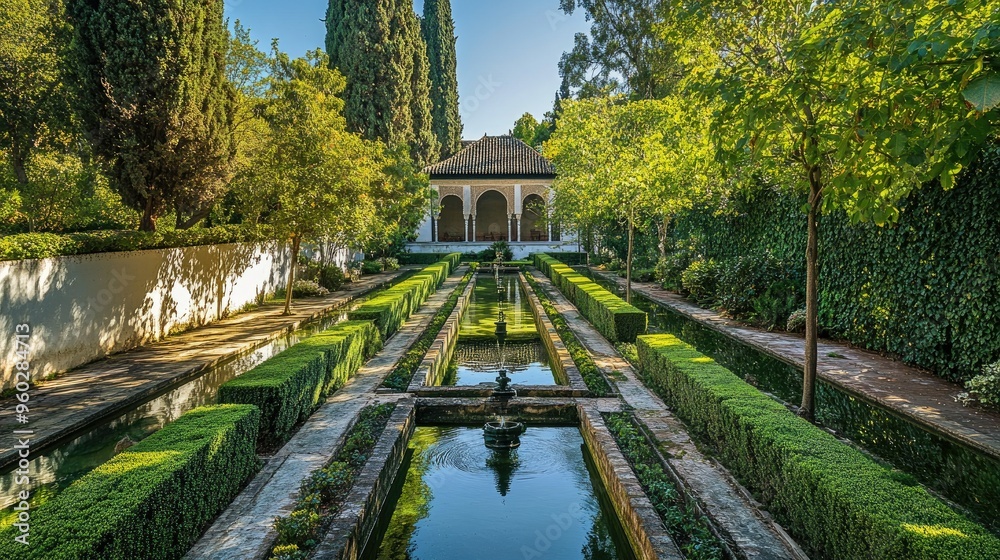 Obraz premium The tranquil gardens of the Generalife at the Alhambra, with water features and lush greenery.