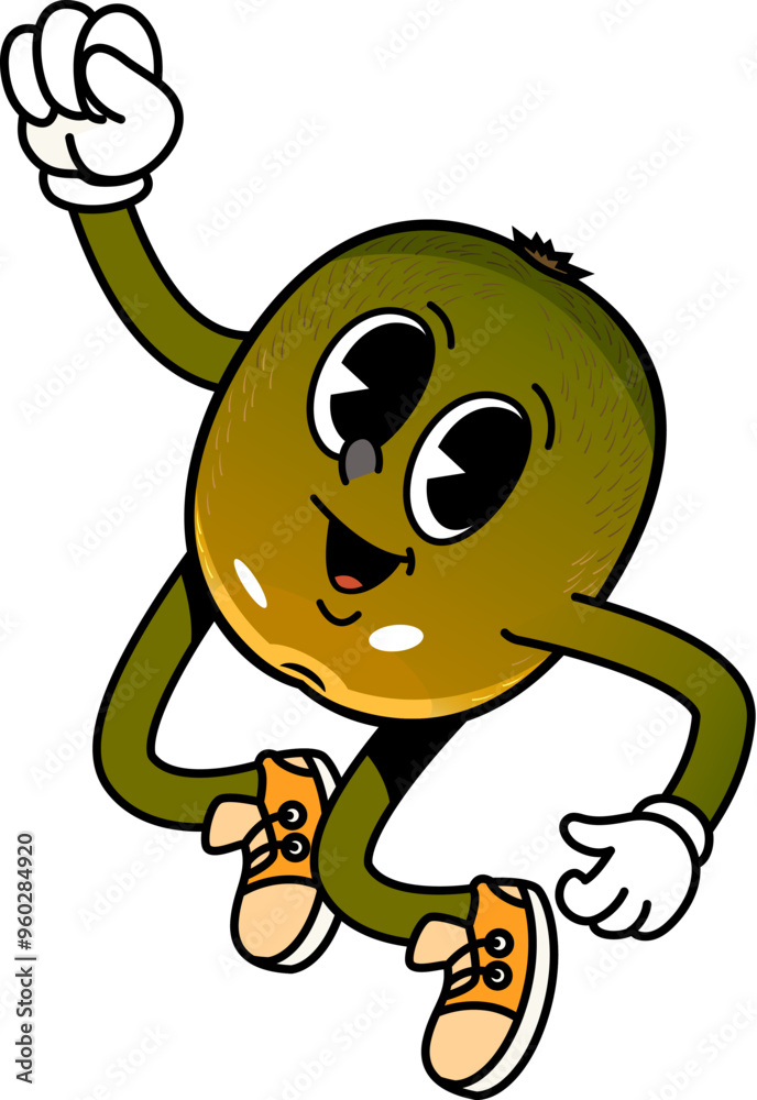 Obraz premium Cartoon groovy kiwi fruit character. Isolated vector fun and vibrant food personage joyfully jumping in the air wearing sneakers and gloves, radiating a playful and energetic vibe. Fresh and ripe kiwi