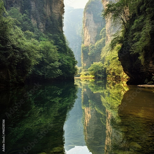 The tranquil waters of the Golden Whip Stream in Zhangjiajie, reflecting the towering cliffs and lush greenery.