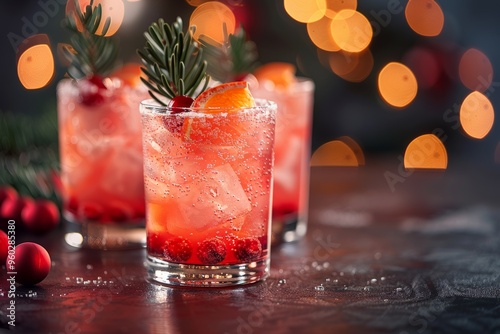 Festive orange and cranberry holiday drinks in frosted glasses with fresh garnish, surrounded by holiday decor and ice.