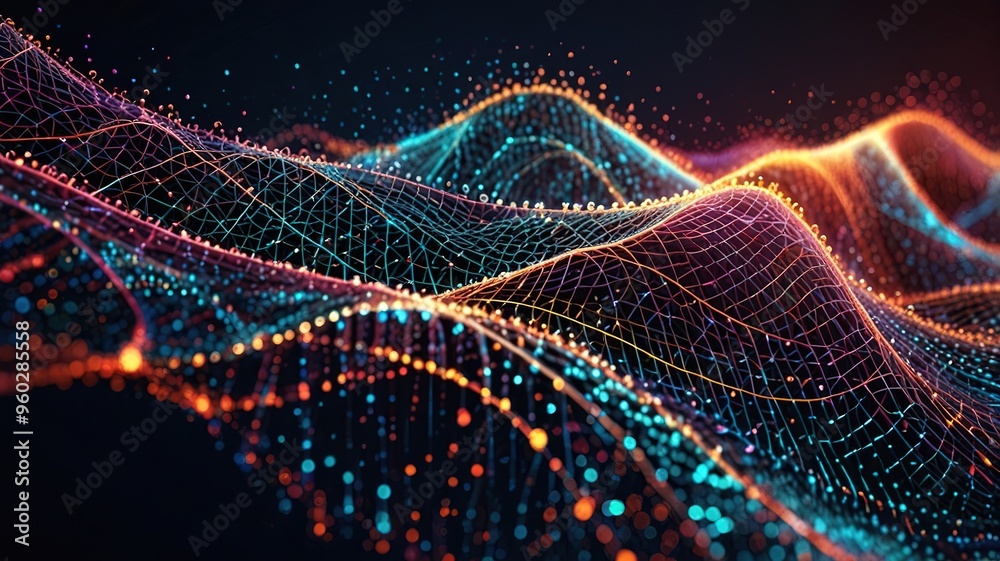Abstract technology stream background. Digital dynamic wave of dots. Network connection structure. 3D rendering. Abstract technology stream background. Digital dynamic wave of dots. Network connection structure. 3D rendering.