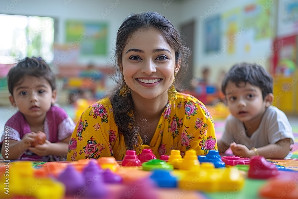 In an Indian day care center a woman oversees and plays with children who are enjoying their time with colorful toys In an Indian day care center a woman oversees and plays with children who are enjoying their time with colorful toys