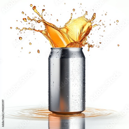 can mockup with splashes of orange liquid coming out of the can, 3d render, 3d illustration