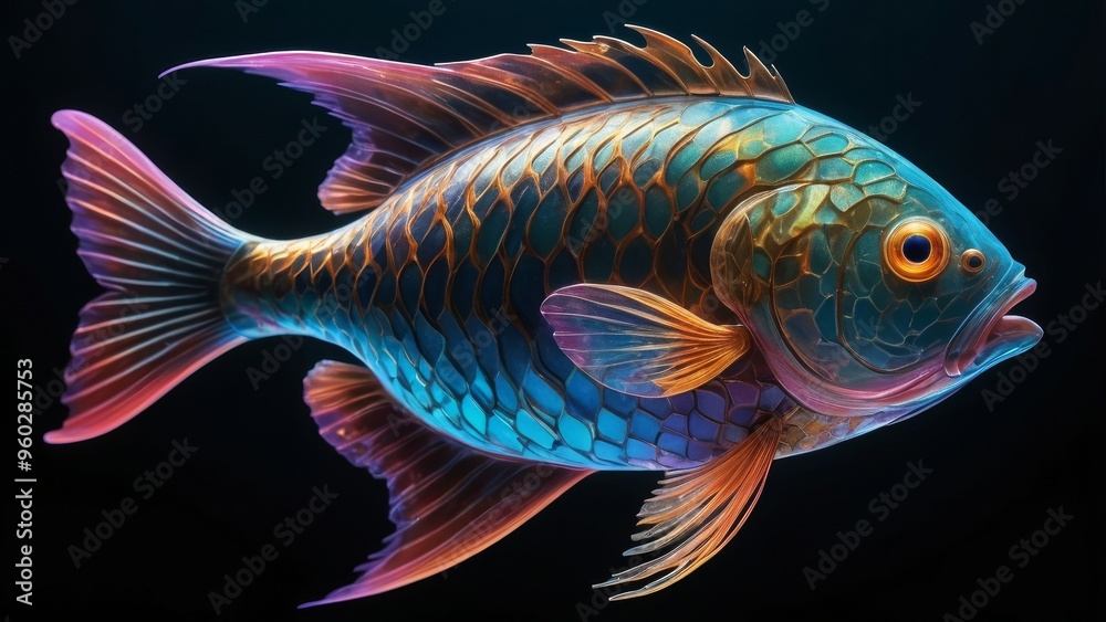 A vibrant, iridescent fish swims in the deep blue water. A vibrant, iridescent fish swims in the deep blue water.