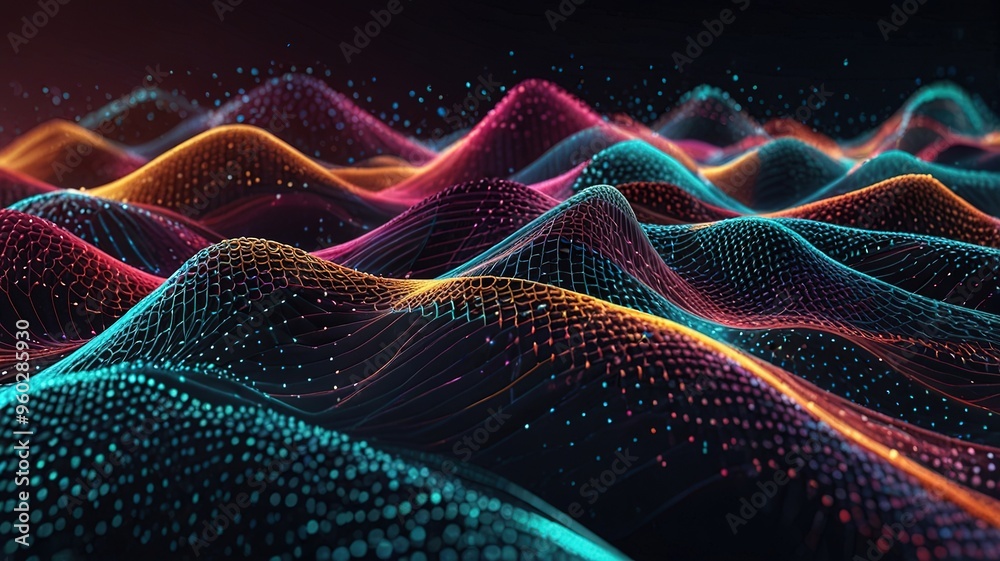 Fototapeta premium Abstract technology stream background. Digital dynamic wave of dots. Network connection structure. 3D rendering.