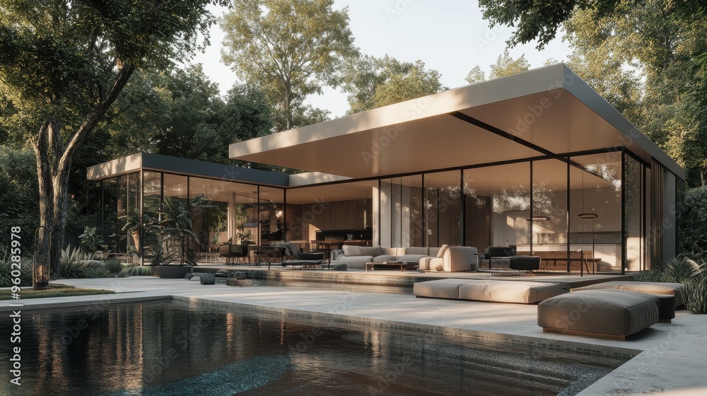 Modern villa with a pool and outdoor living room, the interior design of the modern house in a minimal style, a swimming pool outside the glass wall. Modern villa with a pool and outdoor living room, the interior design of the modern house in a minimal style, a swimming pool outside the glass wall.